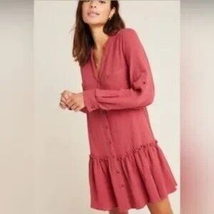 Anthropologie First Monday Womens Red Button-Front Peasant‎ Dress Large